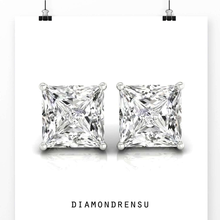 Radiant diamond stud earrings crafted in a 4 prong setting, offering a secure and elegant fit.