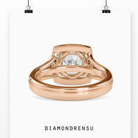 1 carat round diamond ring featuring a radiant halo setting.