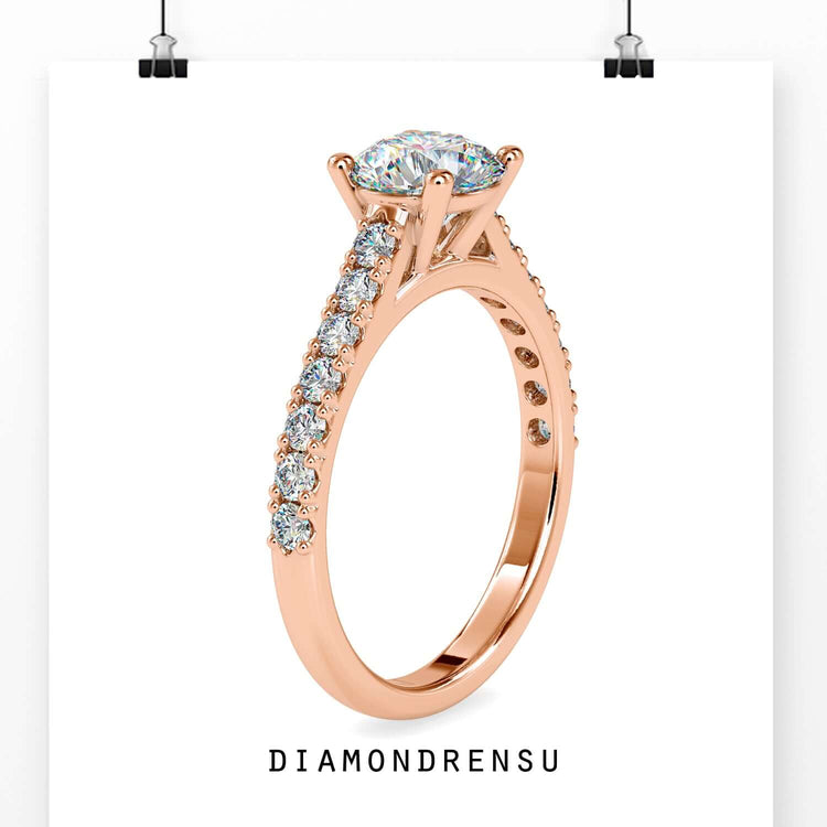 Cathedral pave ring with a four prong setting, showcasing a round diamond engagement ring.