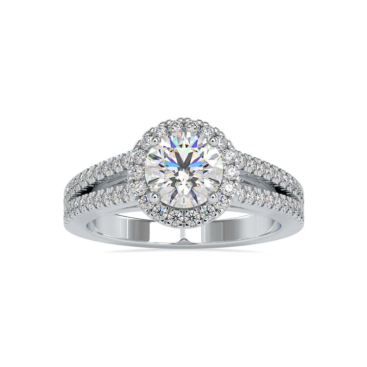 Round halo engagement ring featuring a gold pave diamond ring band for added brilliance.