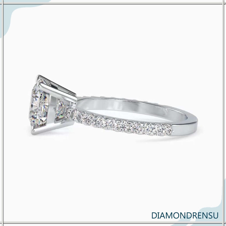 Pave engagement ring with cushion diamond and 4 prong diamond ring style.