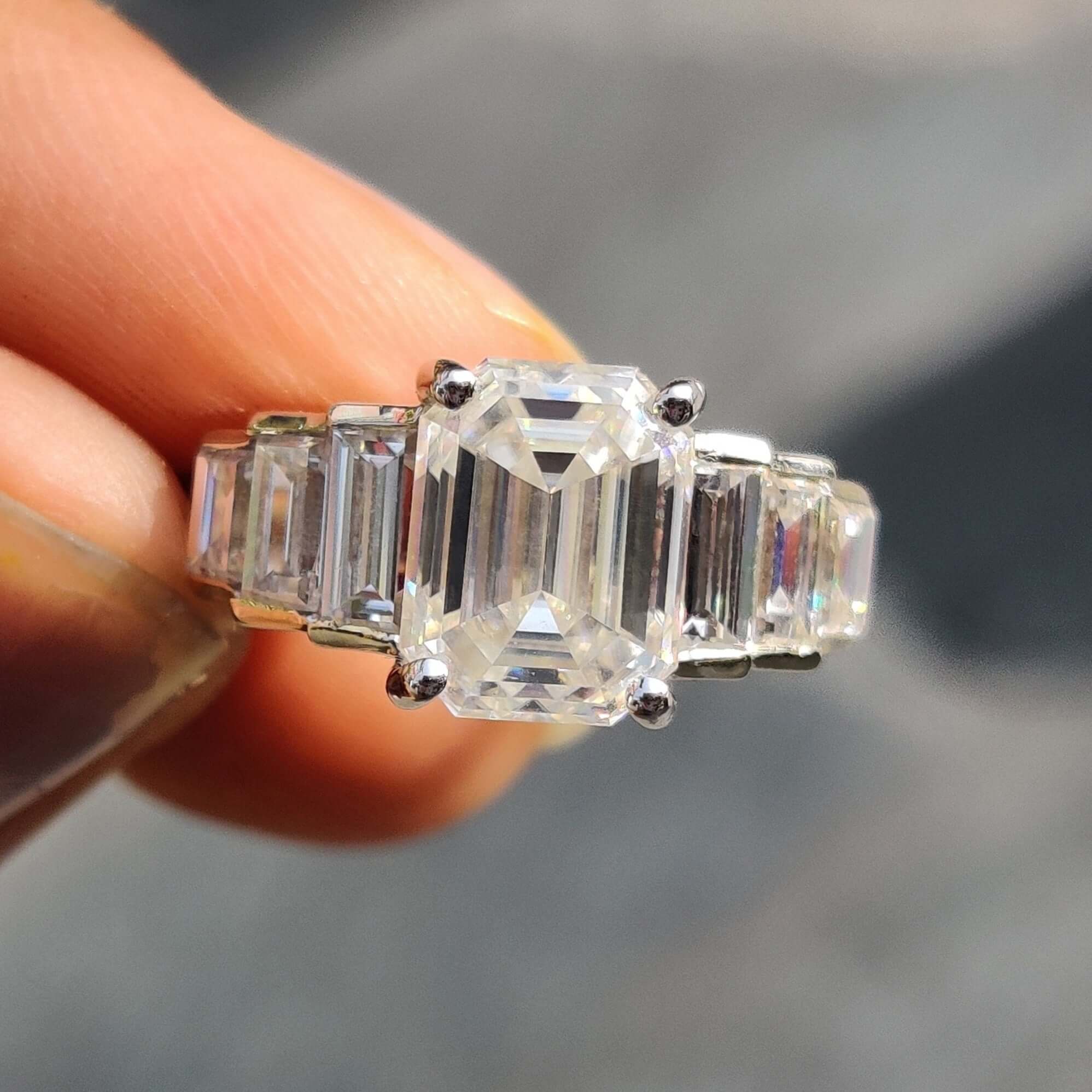 Emerald Cut and Baguette Seven Stone Moissanite Engagement Ring