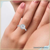Round Halo ring with a 4 prong round engagement ring setting, IGI certified.