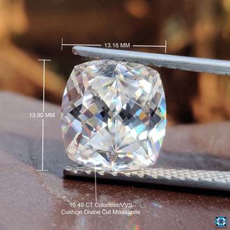 Cushion cut moissanite blends with antique cut moissanite.