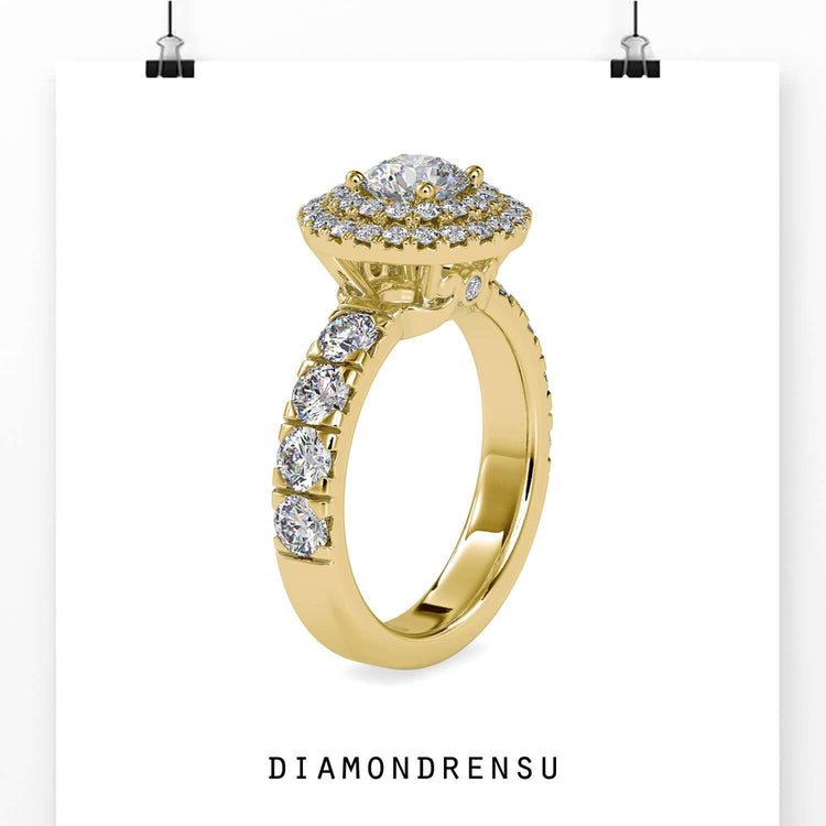 2 carat round diamond ring with double halo and prong setting