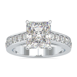 A radiant cut moissanite ring with a 4-prong engagement ring design, showcasing timeless elegance.