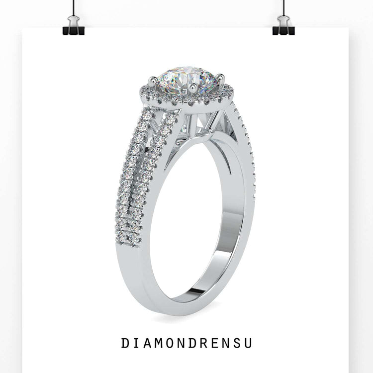 Halo diamond ring round with a split shank band and a pave diamond engagement ring design.