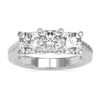 Three stone engagement ring diamond with radiant cut in prong setting.
