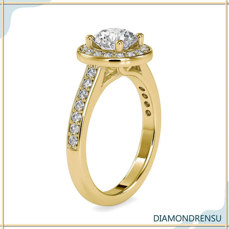 Exquisite round halo diamond ring featuring a cathedral style for a modern touch.