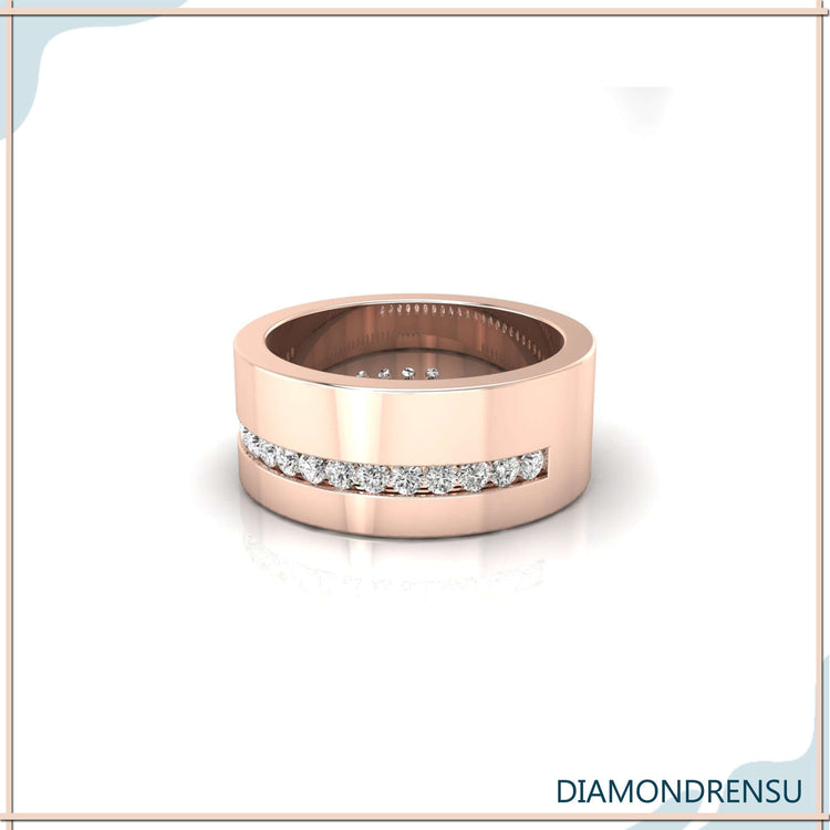 Mens wedding band with channel set diamonds for bold style.