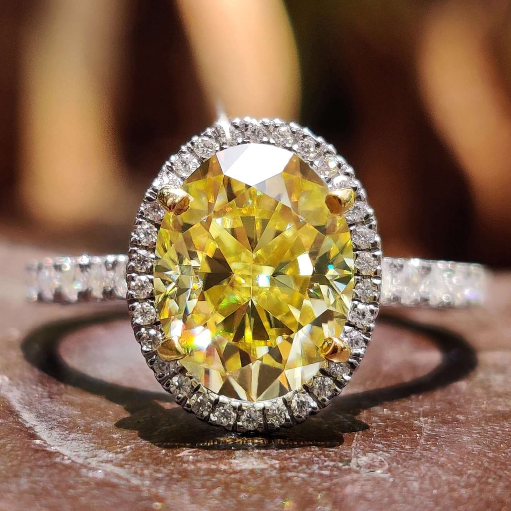 CT Oval Cut Canary Yellow Moissanite Halo Engagement Ring