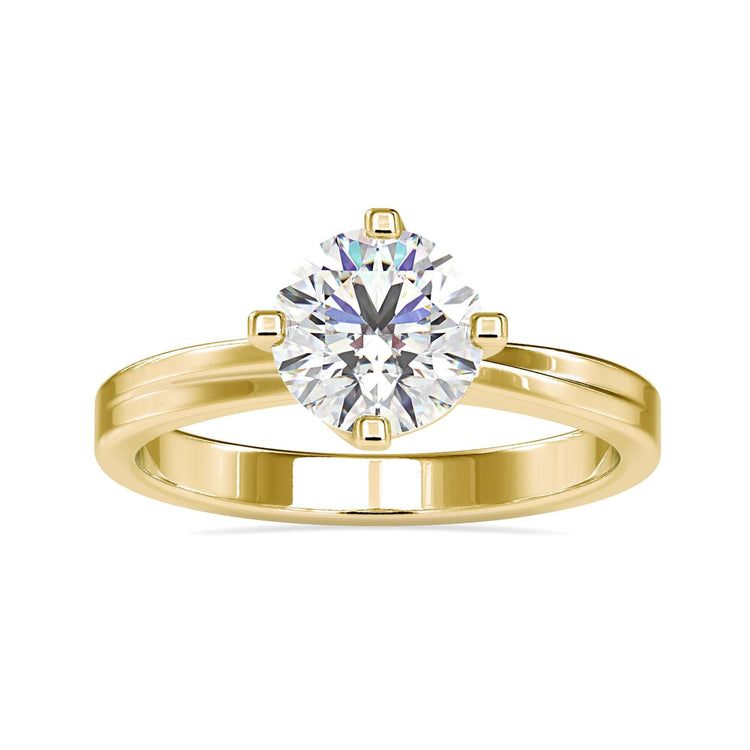 Round brilliant cut diamond ring with tab prongs for security.