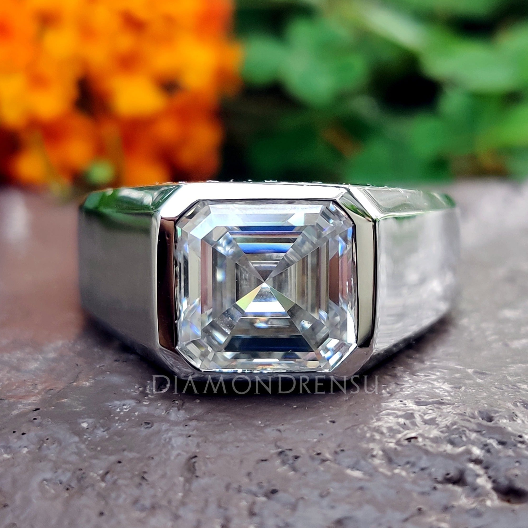 Classic Men's Solitaire Ring, Bezel Set Asscher Moissanite Ring