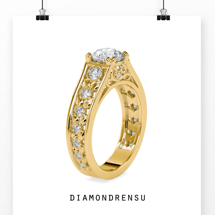 Lab grown diamond bezel set engagement ring with peekaboo details.