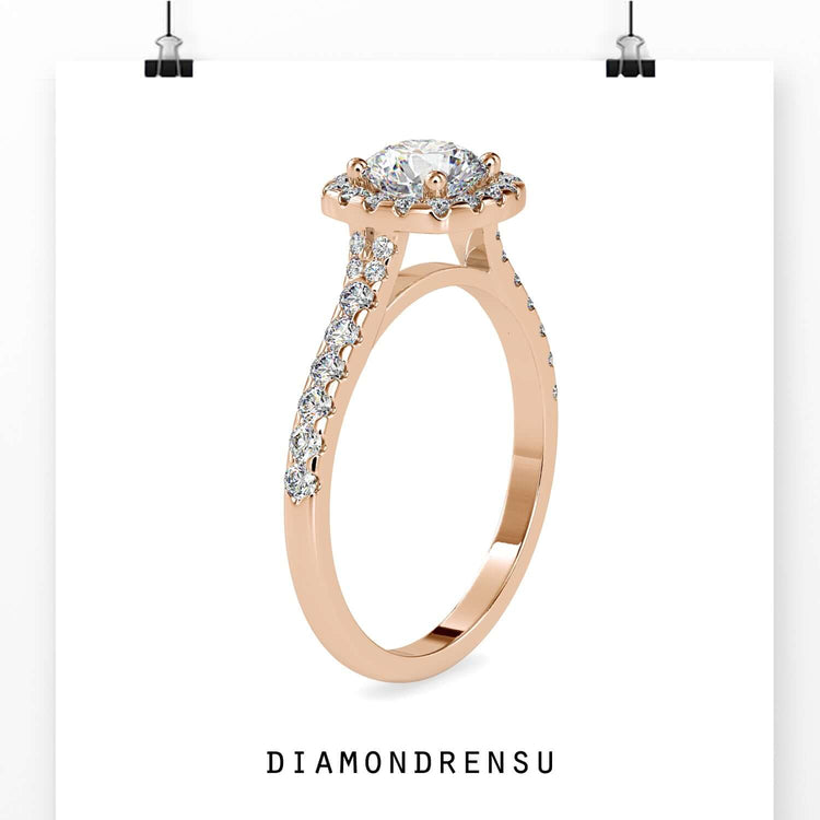 Round diamond halo ring offering classic beauty and sophistication.