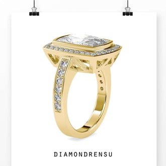 Pave ring setting with an elongated cushion cut diamond for a classic style.