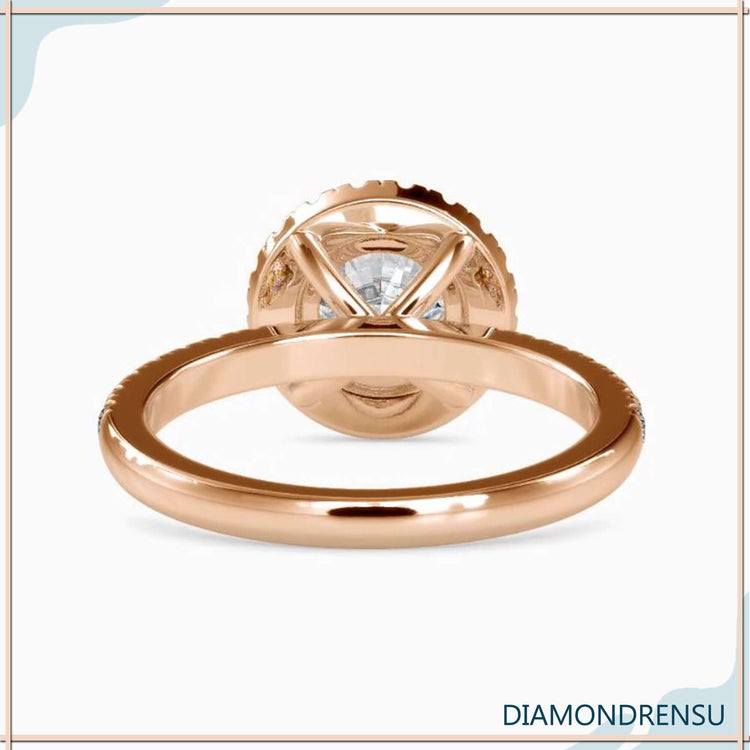 Handmade jewelry showcasing a round diamond ring halo with a 4 prong diamond setting.