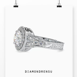 Halo diamond engagement ring featuring a stunning split shank design.