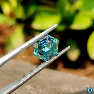 Hexagon cut stone shown in cyan blue color.