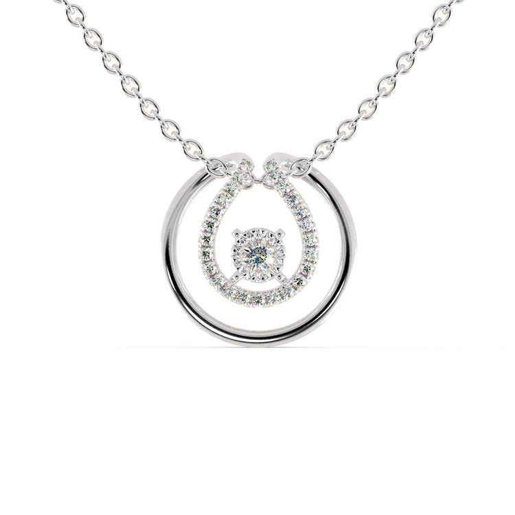 The floating center diamond offers a unique, modern design.