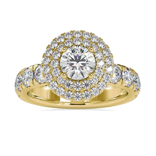 Double halo engagement ring with 2 carat round diamond center