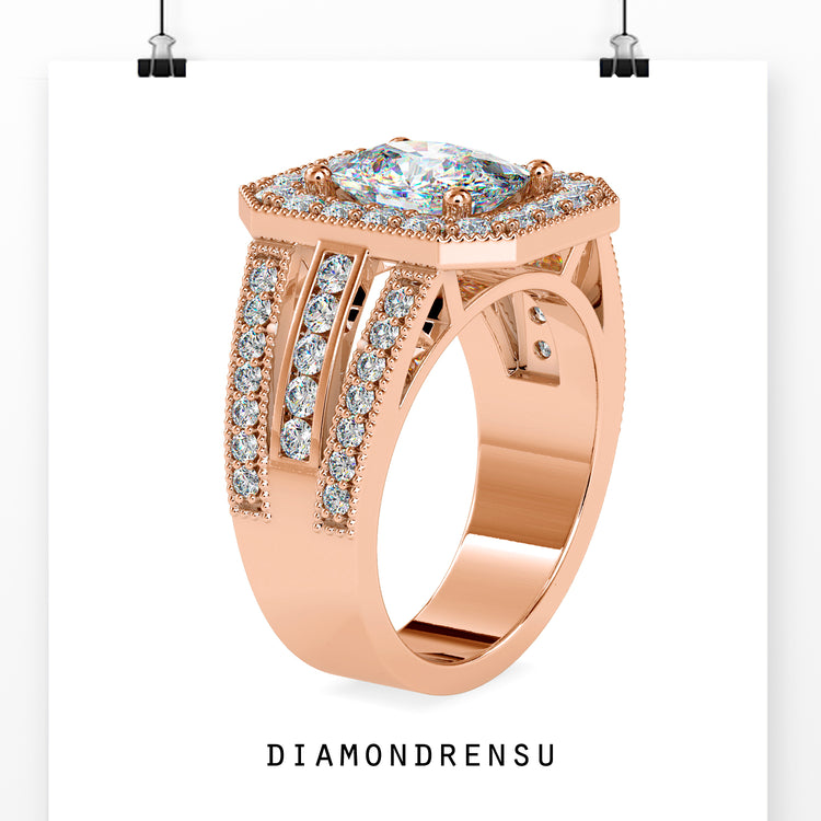 3 carat cushion cut diamond ring in a rose gold setting, handmade for elegance.