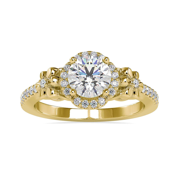 Flower diamond engagement ring in rose gold with a round diamond.