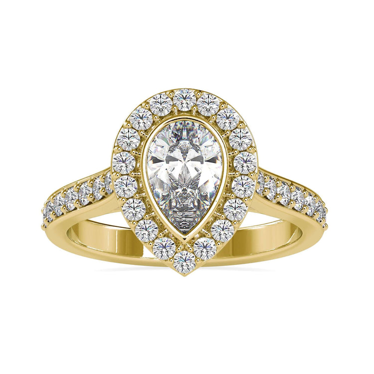 Pear halo ring in a cathedral pave setting with a teardrop shape.