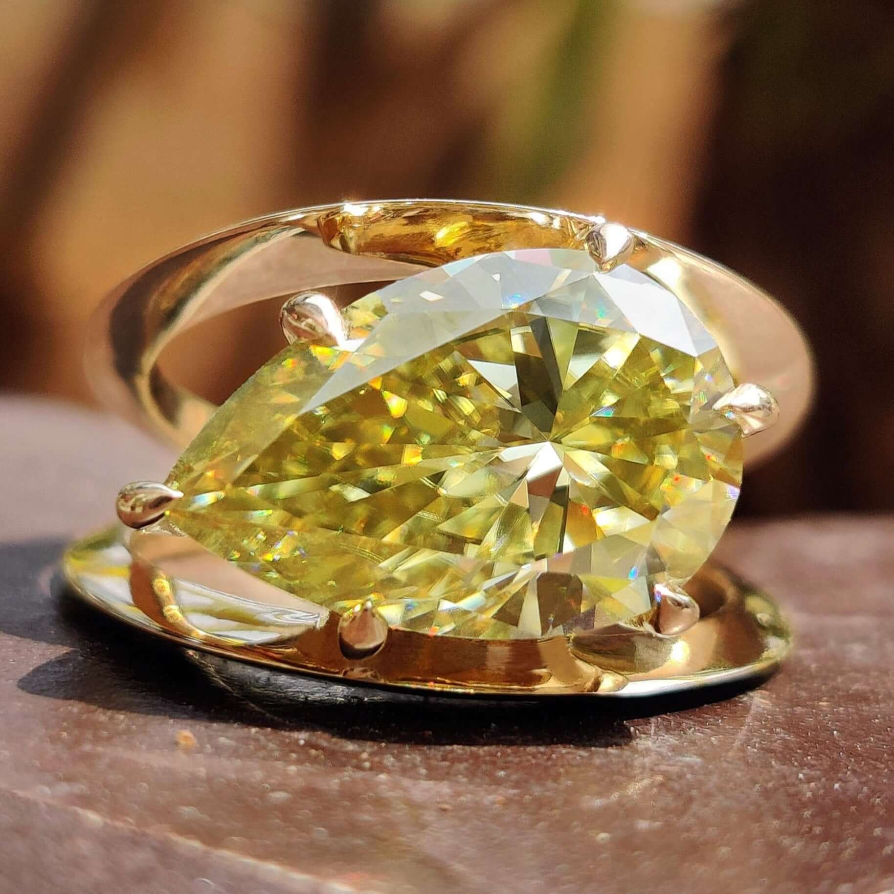 Canary Yellow Pear Cut Split Shank Moissanite Solitaire Ring