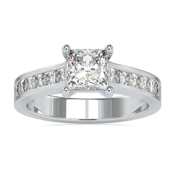 Channel set engagement ring with 2 ct princess cut diamond in white gold