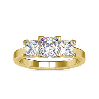 Three stone diamond engagement ring with emerald cut diamonds and white gold