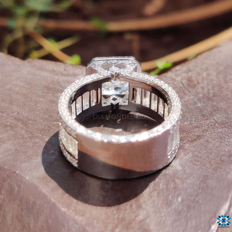 4-row pave settings on a radiant cut moissanite engagement ring