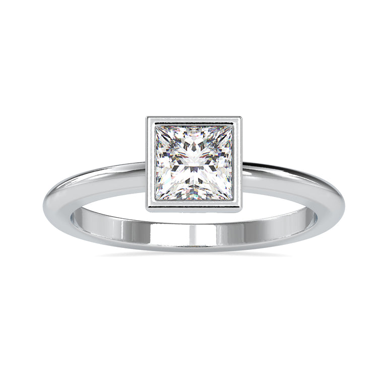 Classic princess cut bezel ring with a lab grown diamond.