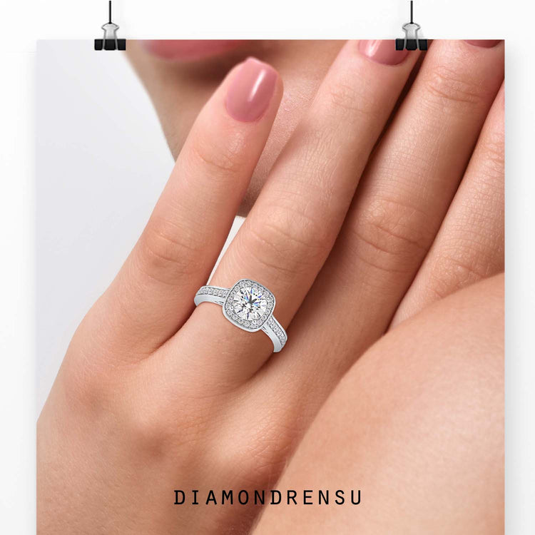 Round solitaire engagement ring set in rose gold, perfect for a modern yet vintage look.