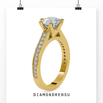 Pave channel engagement ring with a six prong setting, featuring a circle diamond ring.