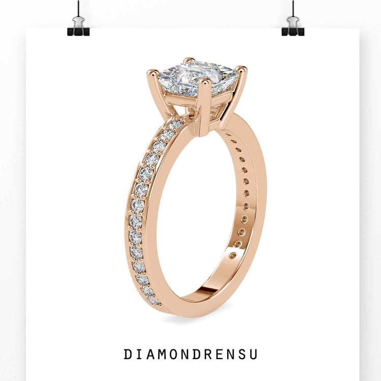 4 prong diamond ring featuring a princess cut stone, handmade jewelry