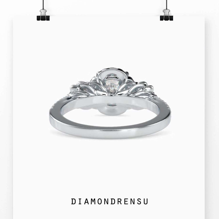 Lab grown diamond floral halo engagement ring in rose gold.