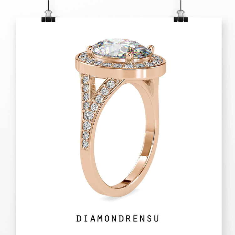 Oval diamond ring in a halo engagement ring setting, handmade jewelry