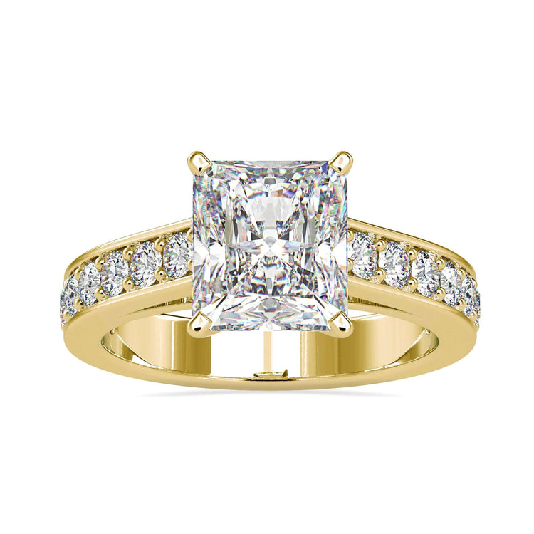 A diamondrensu engagement ring with a rose gold cathedral setting and a moissanite radiant cut centerpiece.