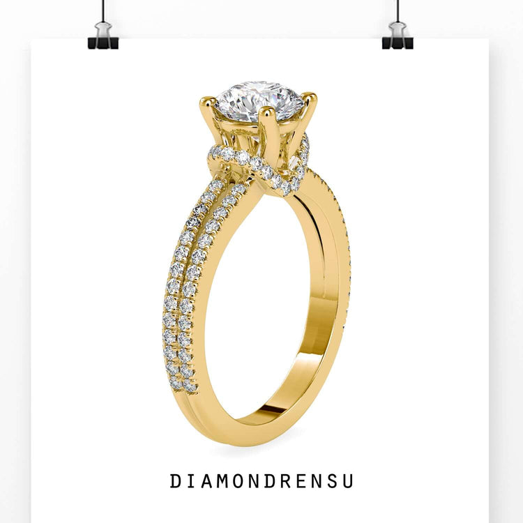 Unique basket ring design with a collar halo setting and pave diamond accents.