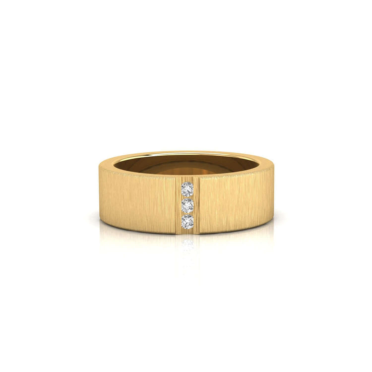 Gold wedding band for men with a brushed finish and three stones.