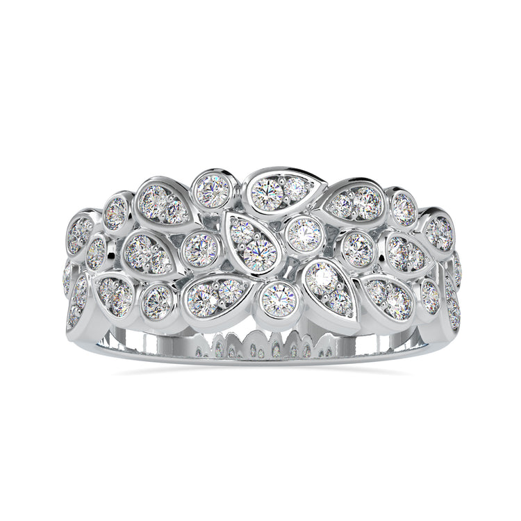 Designer wedding band featuring a round bezel setting with brilliant cut diamonds.