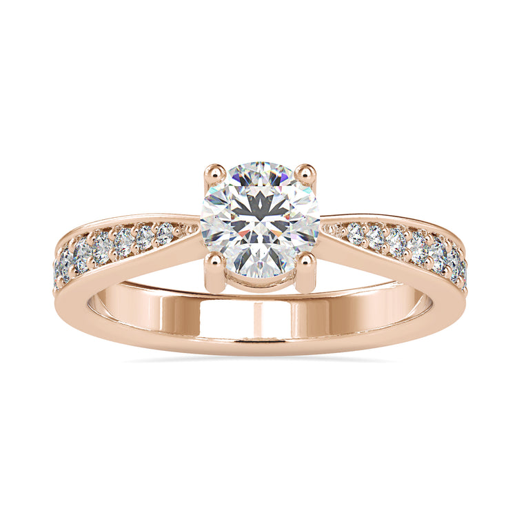 Engagement ring with pave design featuring a 2 carat round diamond in a rose, white, or yellow gold band.
