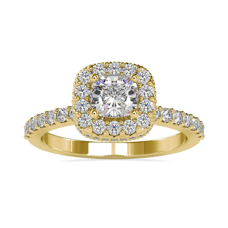 Two sided halo engagement ring with a cushion cut diamond halo pave and pave band setting.