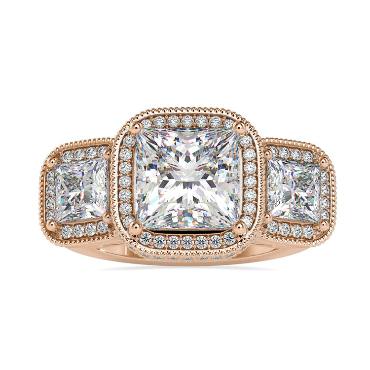 Halo diamond ring with princess cut center stone and side stones