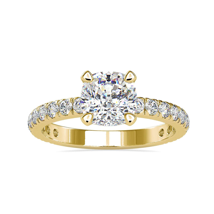 Lab grown diamond ring with 2 carat cushion cut diamond in a claw prong engagement setting.