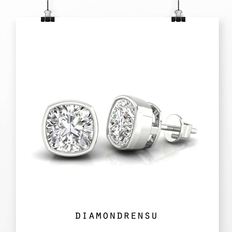 Dazzling cushion cut earrings diamond in a bezel setting, handmade for added elegance.