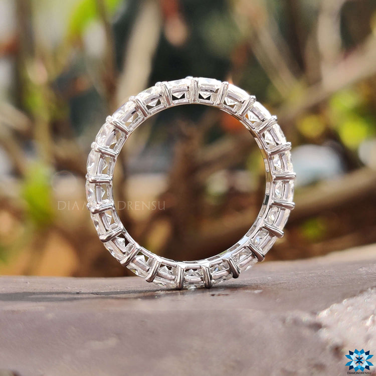 Sparkling eternity princess ring, featuring a square band with colorless moissanite.
