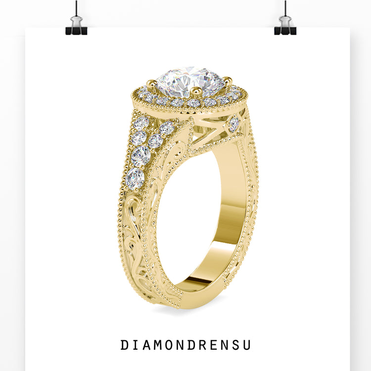 Round diamond ring halo with a vintage-inspired split shank design.