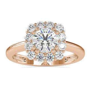 Halo engagement ring featuring a stunning cathedral ring setting.